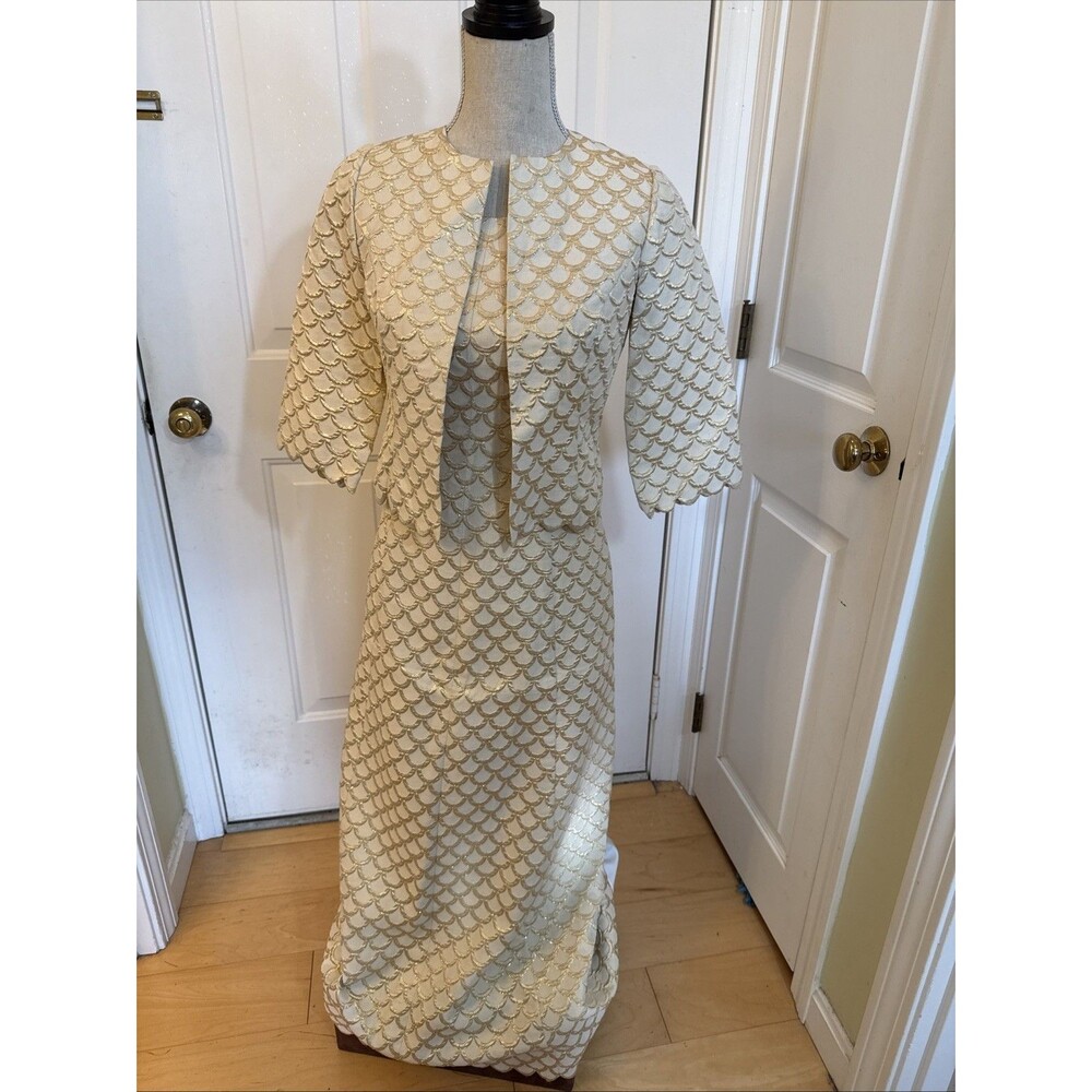 VINTAGE EXTRA SMALL GOWN gold Scalloped Dress With Jacket Handmade In Laos